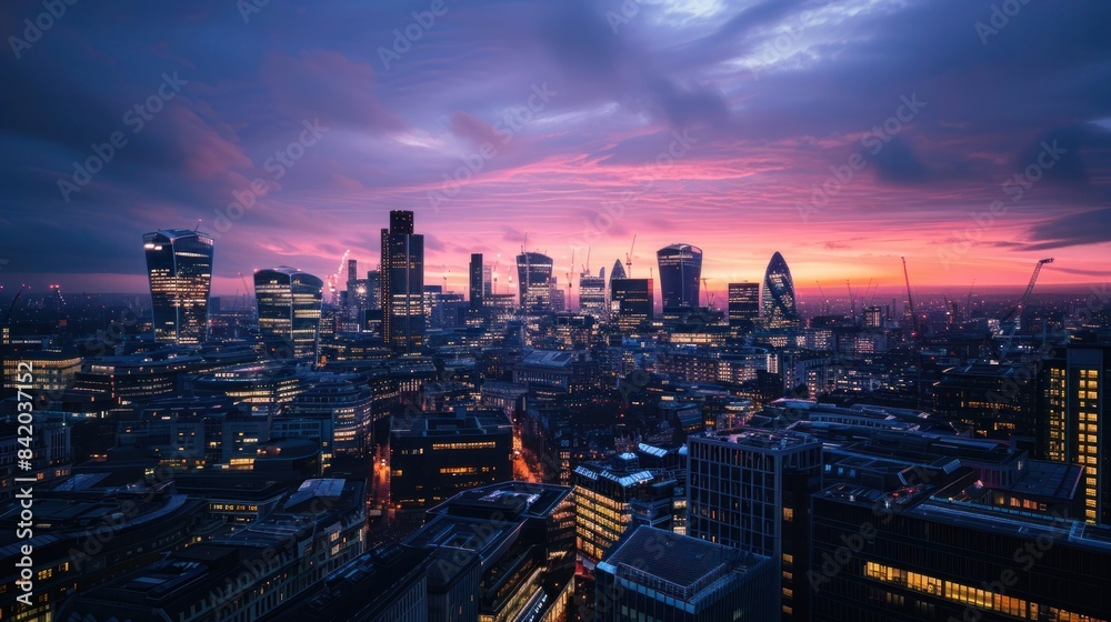 Obraz premium City skyline at sunset captures the vibrant atmosphere.