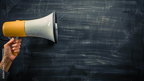 Hand holding a megaphone before a narrow, detailed vertical blackboard in sharp focus.