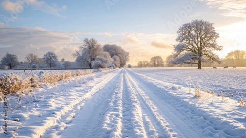 Snowy winter landscape with path, trees, and bright morning light. A tranquil scene showcasing fresh snow and serene beauty.