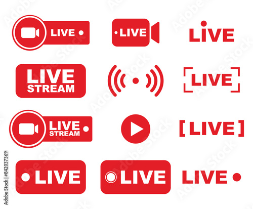 Set of live streaming icons. Red symbols and buttons of live streaming, broadcasting, online stream. Lower third template for tv, shows, movies and live performances. Vector