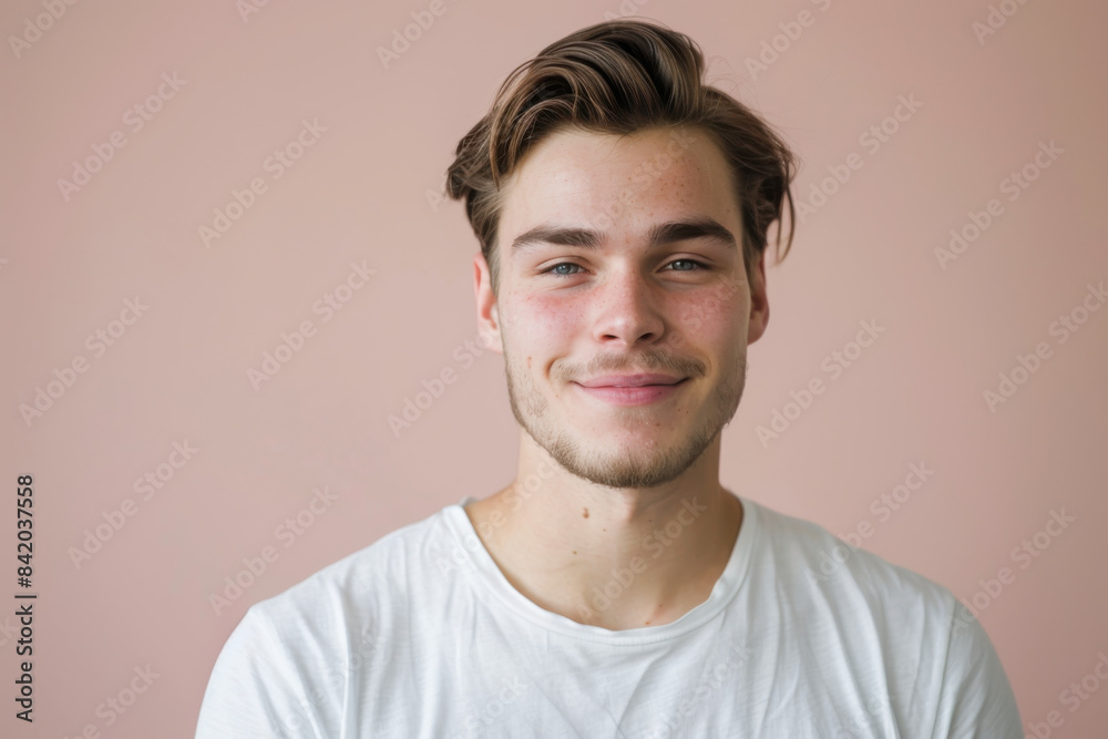 A close up portrait of a young man with a subtle smile A close up portrait of a young man with a subtle smile