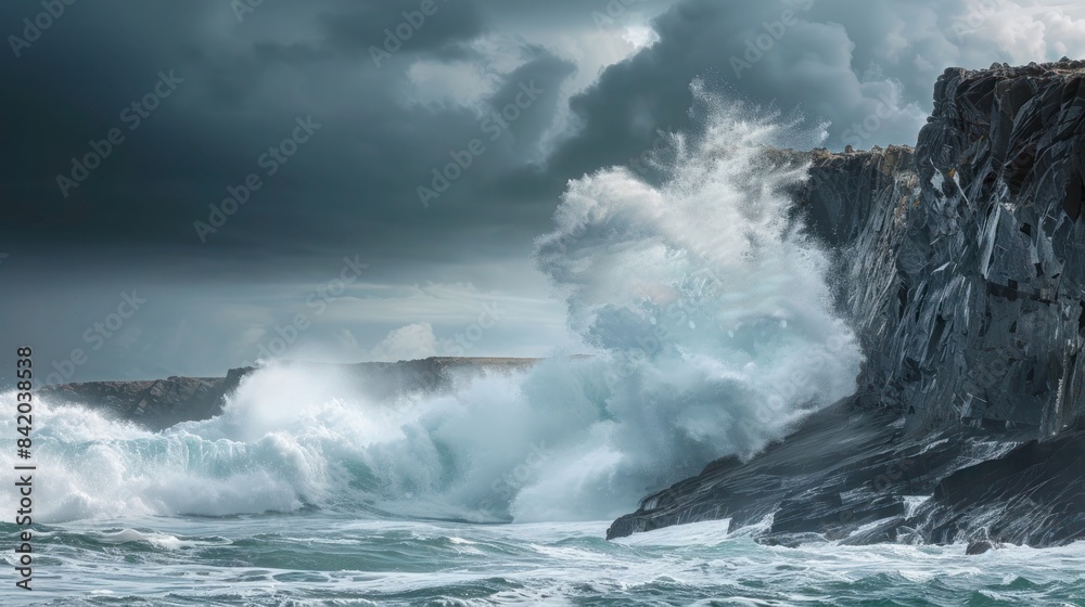 Powerful ocean waves crash against rugged cliffs during a stormy weather. The deep blue sea is fierce and untamed under the dark, overcast skies.