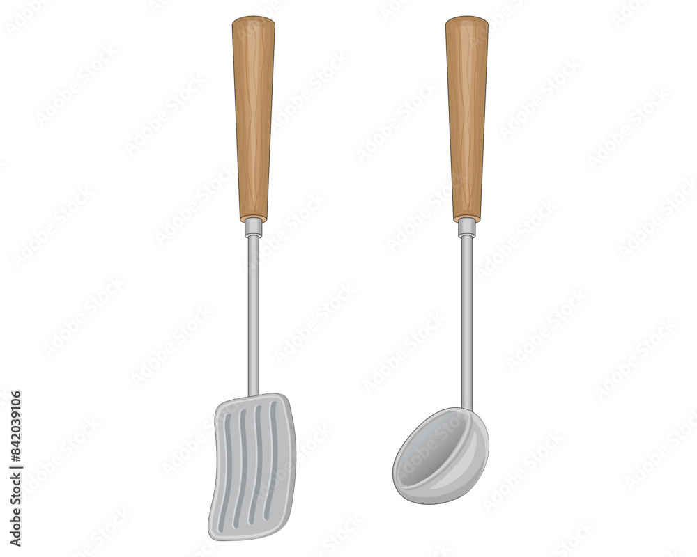 vector design of two kitchen utensil objects consisting of a frying spoon and a soup spoon made of iron with a brown wooden handle