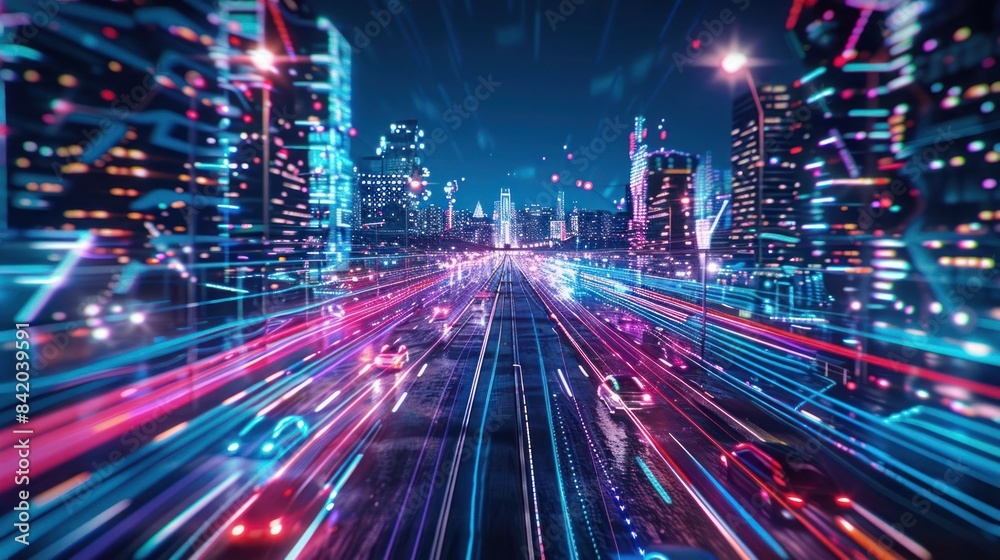 Naklejka premium Vibrant futuristic city at night with neon lights and fast moving traffic, illustrating technology and urban life.
