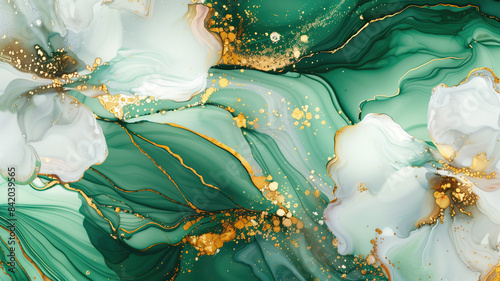 flower marble texture with abstract green, white, glitter and gold background alcohol ink colors