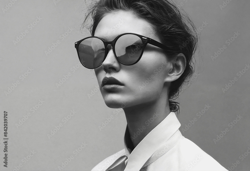 A black-and-white photo of a woman wearing sunglasses.
A black-and-white photo of a woman wearing sunglasses.