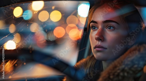 Pensive woman drives through city at night, reflections of city lights in car window. Thoughtful and serene expression, warm and cozy attire. © Tatyana