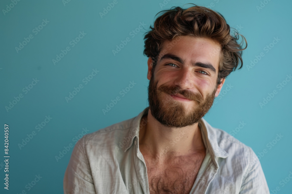 A close up portrait of a young man with a subtle smile A close up portrait of a young man with a subtle smile