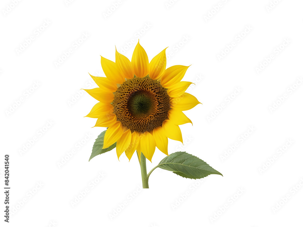 Obraz premium Ripe sunflower straw with yellow petals and green leaves isolated on transparent background cutout.