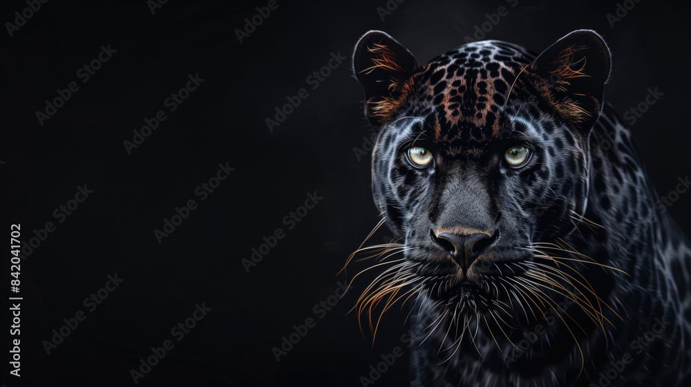 Obraz premium Front view of Panther on black background. Wild animals banner with copy space. Predator series. digital art