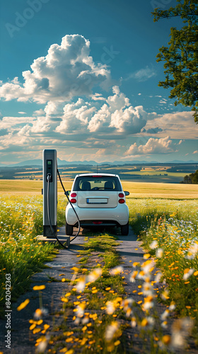 Electric car charging renewable energy at a sustainable charging station in the countryside