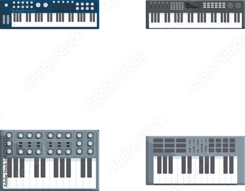 Synth icons set cartoon vector. Electromusical techno synthesizer. Musical instrument