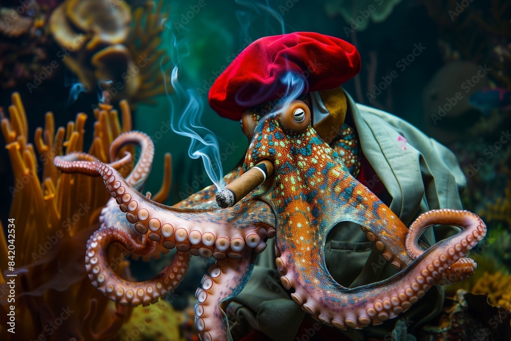 Artistic Octopus in Painter's Beret and Smock, Smoking a Cigar, Underwater Art Studio, Coral Reef, Copy Space Artistic Octopus in Painter's Beret and Smock, Smoking a Cigar, Underwater Art Studio, Coral Reef, Copy Space
