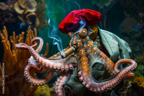 Artistic Octopus in Painter's Beret and Smock, Smoking a Cigar, Underwater Art Studio, Coral Reef, Copy Space