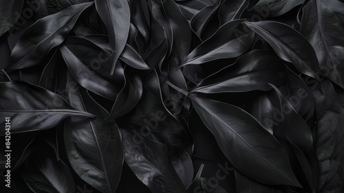Black leaves background. Flat lay  top view  copy space.