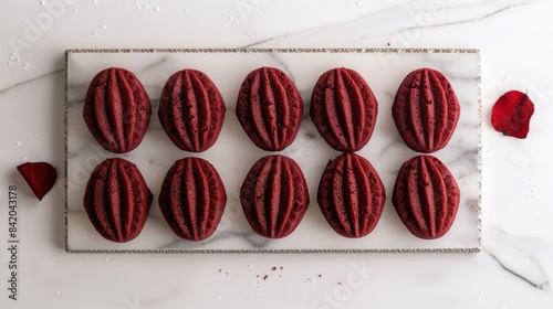 Red velvet madeleines displayed on a marble tray from above a bakery s red madeleines cakes or cookies photo