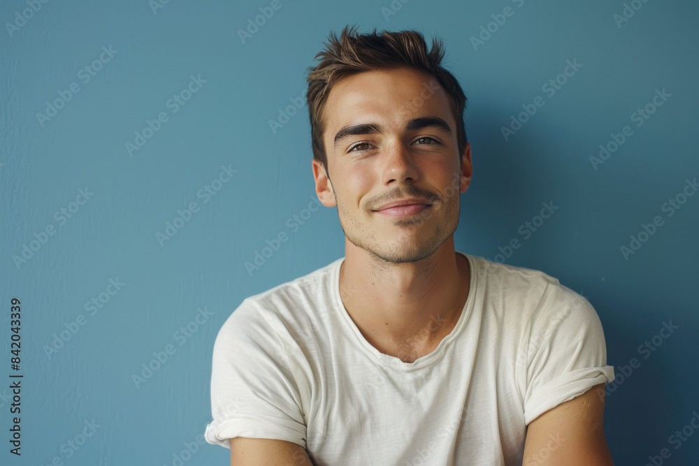 A close up portrait of a young man with a subtle smile A close up portrait of a young man with a subtle smile