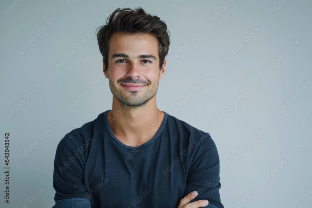A close up portrait of a young man with a subtle smile A close up portrait of a young man with a subtle smile