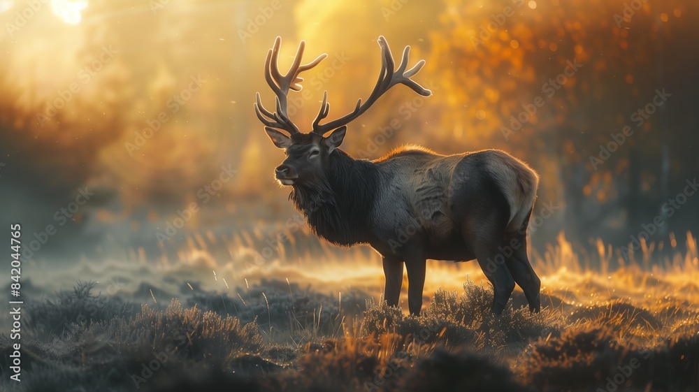 Fototapeta premium Tranquil Meadow Moment, Graceful Deer Pauses in Sunlight-Drenched Scene, Serenity Captured in Stillness