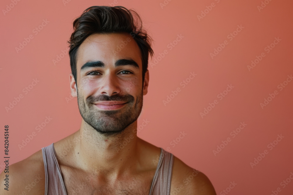 A close up portrait of a young man with a subtle smile A close up portrait of a young man with a subtle smile
