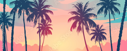 Palm trees and a beautiful sunset landscape. Silhouettes of tall palm trees against a stunning sky with amazing clouds. Vector illustration of natural paradise panoramic landscape. Dream, freedom.