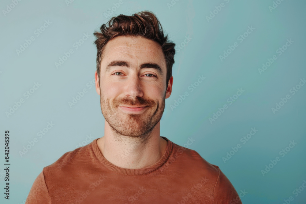 A close up portrait of a young man with a subtle smile A close up portrait of a young man with a subtle smile