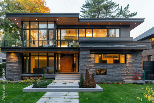 A stunning front view of an ultramodern home in the toronto area, featuring stone and glass accents. Created with Ai