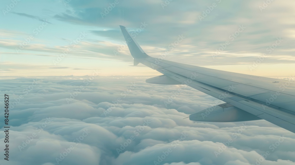Obraz premium Airplane Wing Above Clouds, Aerial Travel Photography