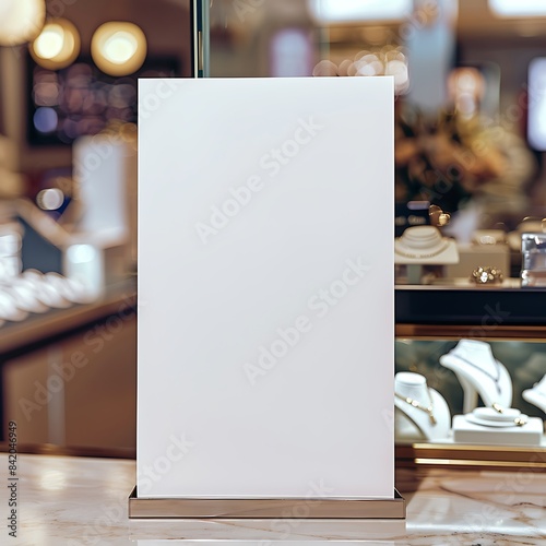 Thin blank page, elegantly placed on a jewelry counter, ideal for upscale presentations.