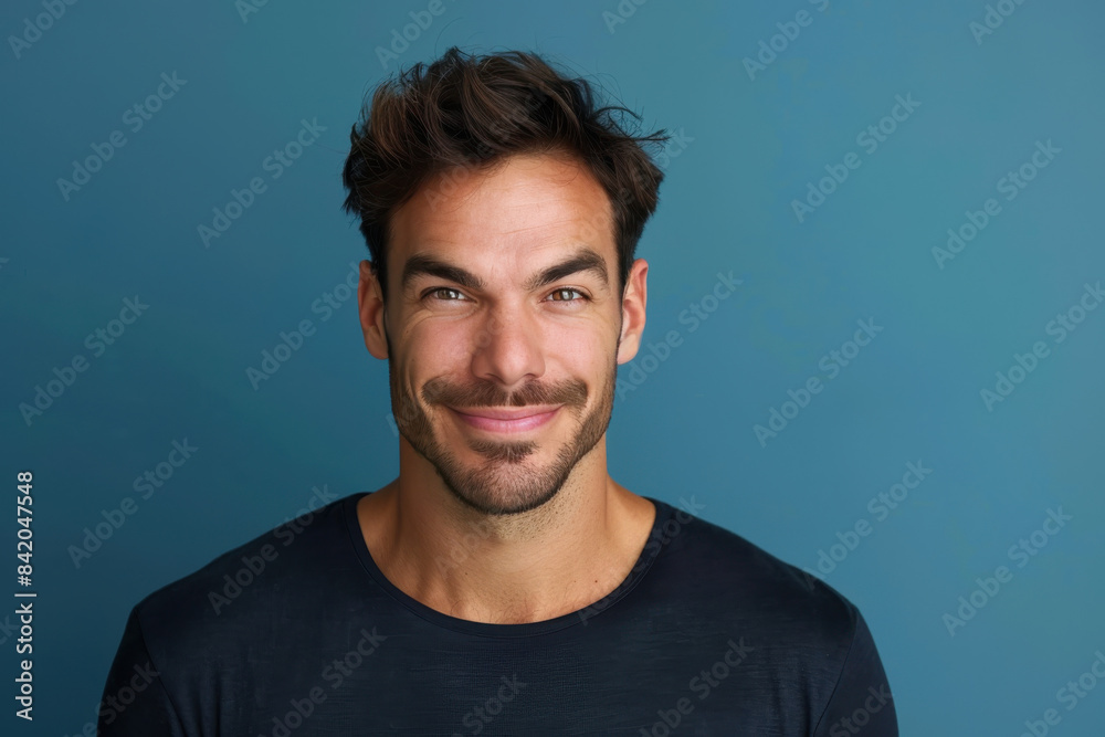 A close up portrait of a young man with a subtle smile