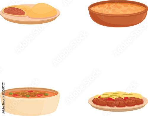 Caribbean food icons set cartoon vector. Various caribbean cuisine dish. Food concept