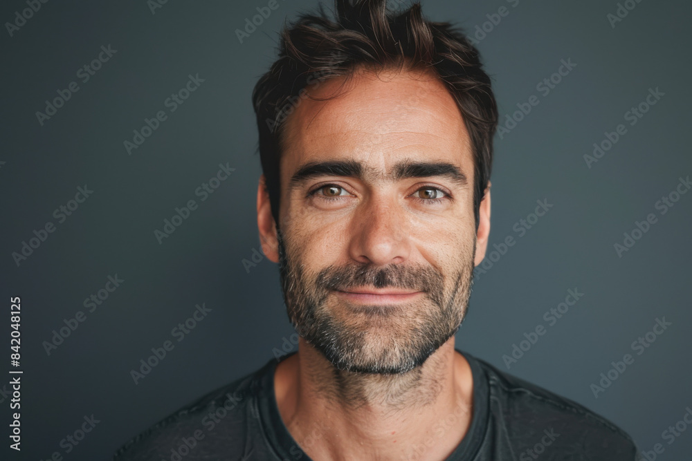 A close up portrait of a young man with a subtle smile A close up portrait of a young man with a subtle smile