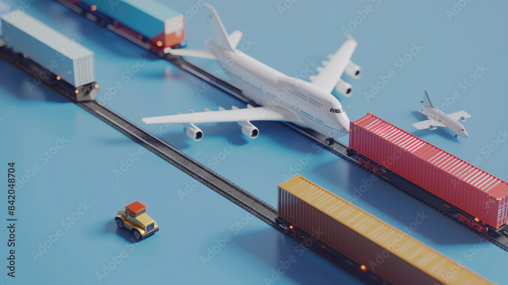Naklejka premium Global Supply Chain: Business Logistics in Action with Plane, Truck, and Train