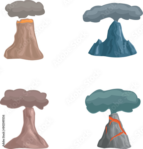 Volcanic eruption icons set cartoon vector. Volcanic eruption with burning lava. Natural disaster