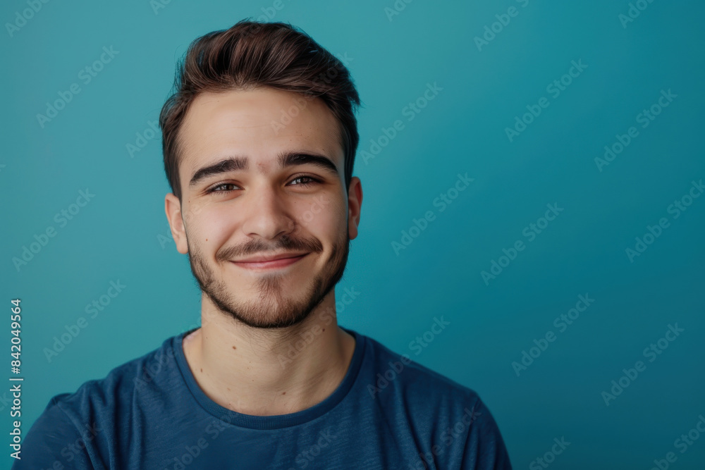A close up portrait of a young man with a subtle smile