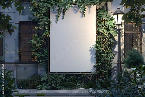 Lamppost adorned with a towering blank banner amidst ivy and green leaves.