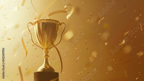 Golden trophy and streamers, business and competition concept, plain background. Generative AI