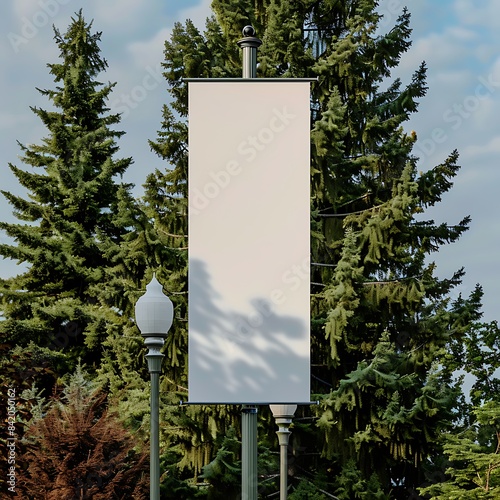 Ultra-tall blank vertical banner on a lamppost, surrounded by mature cedar trees.