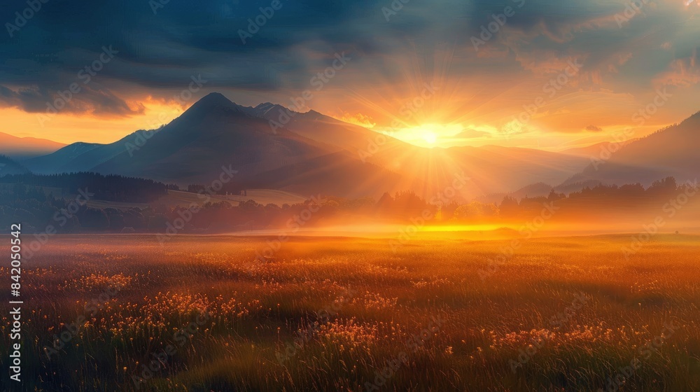 Scenic sunrise over mountain and field landscape Scenic sunrise over mountain and field landscape