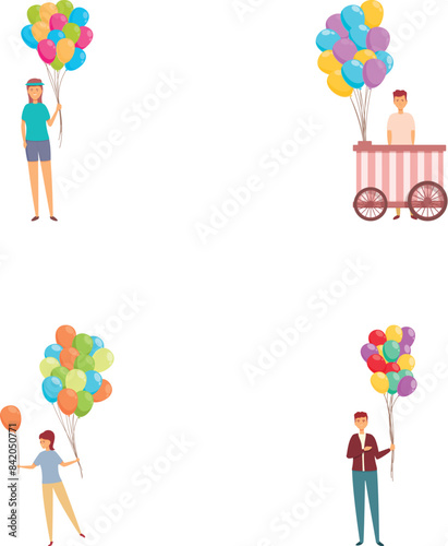 Balloon sale icons set cartoon vector. Man and woman selling colorful balloon. Street selling