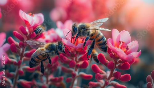 Bees on vibrant pink and red flora