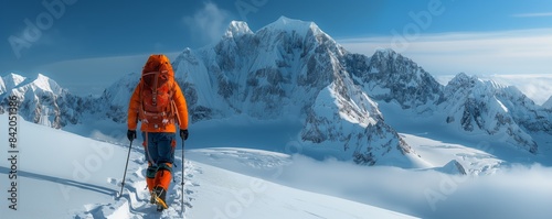 Mountaineer in orange jacket on snowy ridge © gearstd