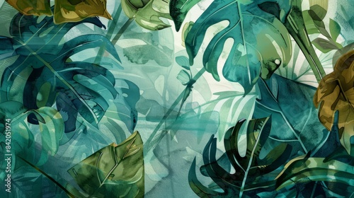 An exotic composition of large, tropical leaves in various shades of green, with watercolor textures that add depth and movement