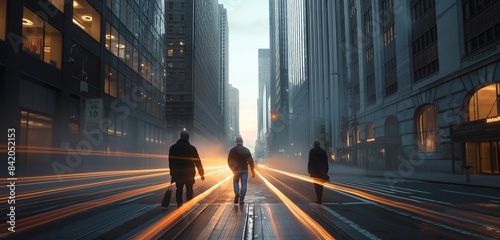 An urban skyline at dawn, with light trails leading from the streets to the heart of the financial district, symbolizing businessmen walking into a new day of opportunities. photo