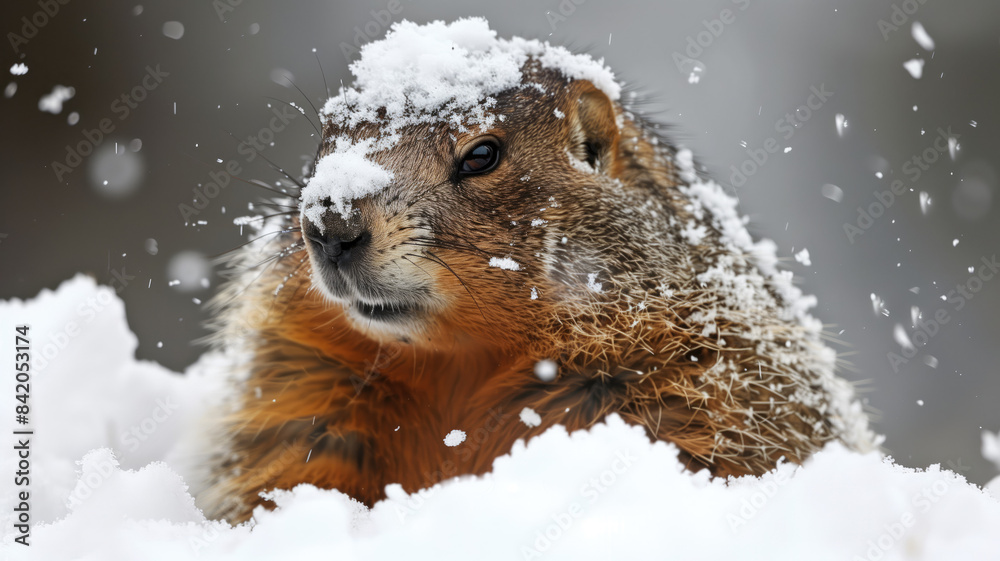 Obraz premium Groundhog covered in snow on Groundhog Day