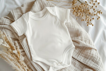 White cotton baby short sleeve bodysuit lying on bed on pastel linen blanket throw background. Blank infant onesie mockup template. Top view