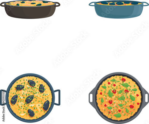 Paella food icons set cartoon vector. Various paella with seafood. Traditional spanish food