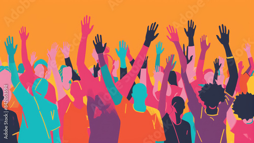 Group of people raising their hands in the air. Colorful Illustration. Human rights. Ai generated image