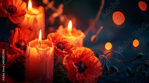 Illuminated candles with poppy flowers on a dark background, minimalist and serene, close-up, soft light and shadows