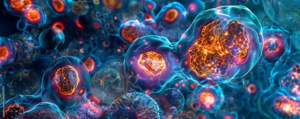 Microscopic view of undifferentiated stem cells, with a focus on their potential in regenerative medicine and genetic innovation, vibrant and detailed Microscopic view of undifferentiated stem cells, with a focus on their potential in regenerative medicine and genetic innovation, vibrant and detailed